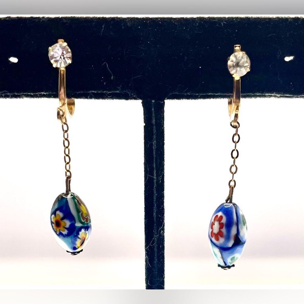 Vintage Millefiori Earrings Gold Tone Clip On Dangling Beads and Crystal Accents